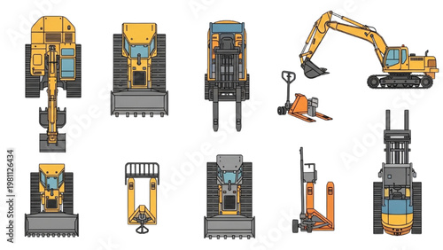 Various heavy machines in a vector 2D CAD industrial setting with equipment