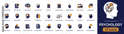 Psychology icon set. Containing human brain, brain journal, checklist, idea, law psychology, mental health, thinking head, heart brain, parent child and more. Solid fill vector icons.