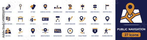 Public navigation icon set. Containing map pin, bus stop, compass, city map, crosswalk sign, direction board, exit sign, public transit, right arrow and more. Solid fill vector icons.