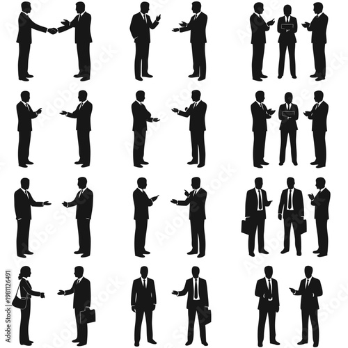 A collection of silhouettes depicting various business interactions and professional figures high quality