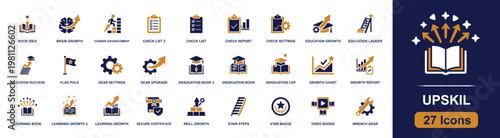 Upskill icon set. Containing book idea, brain growth, checklist, graduation cap, growth chart, learning book, secure certificate, stairs, video books and more. Solid fill vector icons.