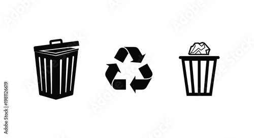 Three black waste containers depicting trash recycling and refuse silhouette