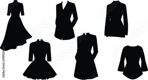 Commercial four-engine airplane silhouette collection, set of five black vector heavy airliner icons in flying formation isolated on white background