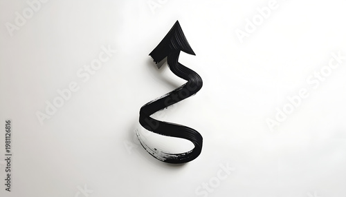 A dynamic black brushstroke forms an upward-pointing arrow against a clean white background.