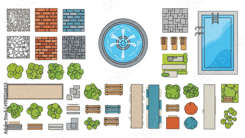 Vector 2D CAD designs of various architecture elements and landscape features