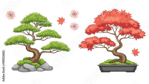 Autumn scene with vector 2D CAD illustrations of bonsai trees and leaves