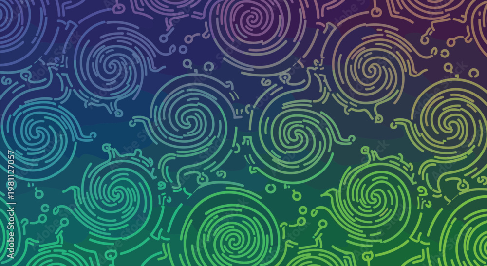 Fototapeta premium Mesmerizing seamless pattern composed of intricate stylized swirling lines, reminiscent of circuit boards or fingerprints, beautifully rendered on a captivating blue-green gradient background.