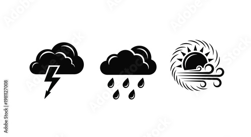 Weather icons depicting storm rain and wind in dark silhouette