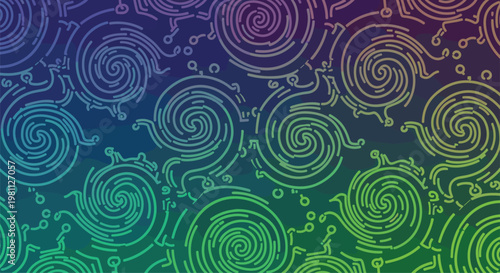 Mesmerizing seamless pattern composed of intricate stylized swirling lines, reminiscent of circuit boards or fingerprints, beautifully rendered on a captivating blue-green gradient background.