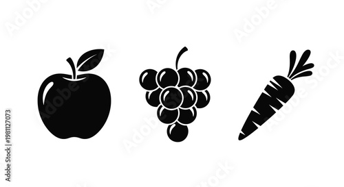 Simple black fruit and vegetable icons against a white background silhouette
