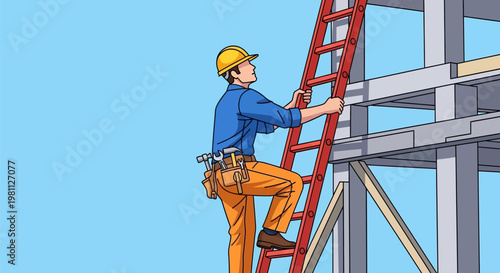 Construction worker climbing a ladder at a building site.