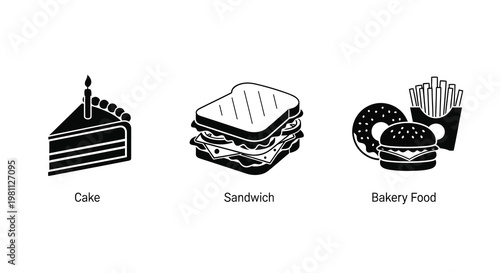 Black and white food icons including cake sandwich and fries silhouette