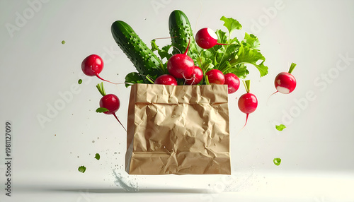 A paper bag overflowing with fresh radishes, cucumbers, and leafy greens appears to be suspended in mid-air, creating a vibrant and dynamic still life against a clean white background.