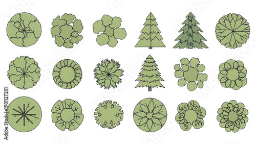 Green vector 2D CAD illustrations of various plants and trees in a graphic design
