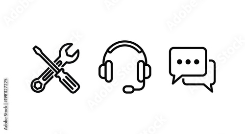 Line art icons depicting support tools headset and chat silhouette