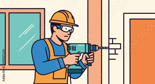 Construction worker drilling into a wall with safety gear.