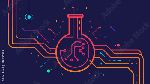 Abstract illustration of a laboratory flask with circuit board elements on dark background