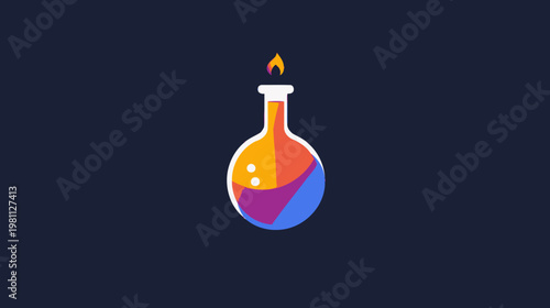 Colorful laboratory flask with flame on dark background scientific concept