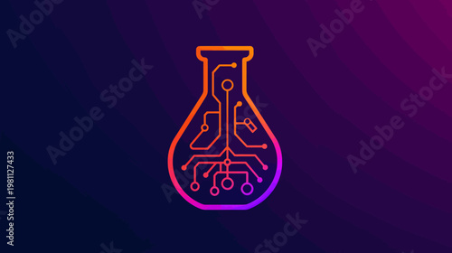 Circuit board inside laboratory flask on gradient background