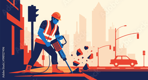 Construction worker operating a jackhammer on a city street.