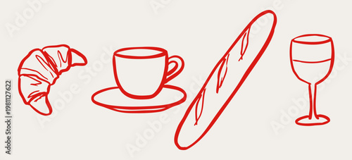 Hand drawn French bakery elements with croissant, coffee cup, baguette and wine glass, vector illustration