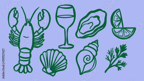 Hand drawn lobster and seafood platter elements with wine, shells, lemon and oyster, vector illustration