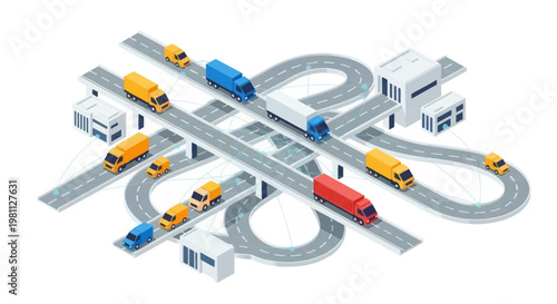 Isometric Futuristic Logistics and Transportation System Vector with Delivery Trucks, Highways, and Infrastructure Network