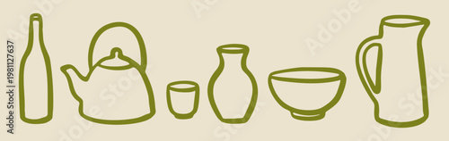 Hand drawn pottery and kitchenware collection with bottle, teapot, cup, pitcher vase and bowl, vector illustration