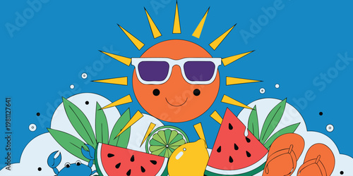 Happy cartoon sun wearing sunglasses with tropical fruits, flip-flops, and a crab on a blue background.
