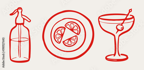 Hand drawn mid-century party or bar tools with seltzer bottle, lemon slices on plate and cocktail glass, vector illustration