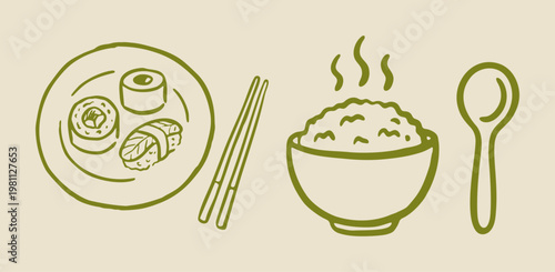 Hand drawn sushi set platter with chopsticks, steaming bowl of rice, spoon, Asian cuisine, vector illustration set