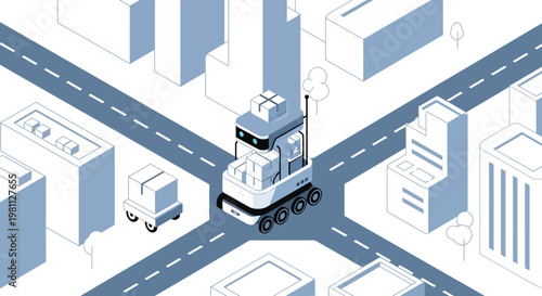 Isometric Autonomous Delivery Robot in Smart City Street, Futuristic Logistics Technology and Automated Package Shipping Service