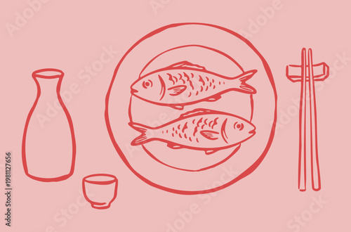 Hand drawn seafood meal vector illustration with sake bottle, cup, fish on plate and chopsticks, vector illustration