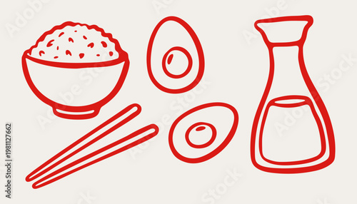 Japanese breakfast food hand-drawn with rice bowl, boiled eggs and soy sauce vector illustrations , vector illustration set
