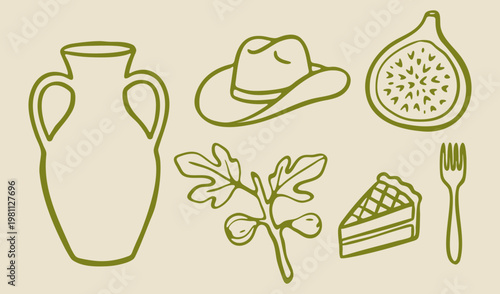 Minimalist amphora, cowboy hat, pie, knife, fig fruit and branches, hand drawn set, vector illustration