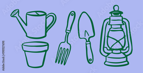 Set of gardening equipment tools with vintage lantern, hand fork, pot and watering can, hand drawn whimsical, vector illustration
