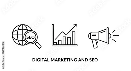 Digital marketing and seo concepts represented in linear icons silhouette