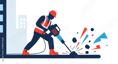 Construction Worker Operating Jackhammer Breaking Concrete.