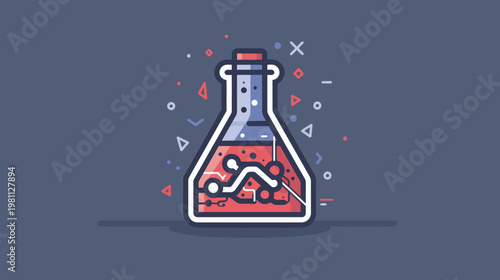 Science flask illustration with circuit and liquids on a dark background