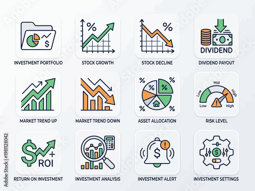 Infographic elements for finance and investment, including growth and decline graphs, asset allocation, and investment analysis, with icons representing return on investment and dividend pay