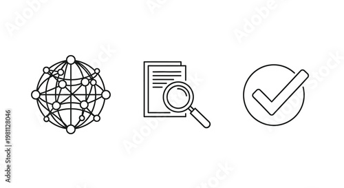 Network document and verification icons in a minimalist silhouette