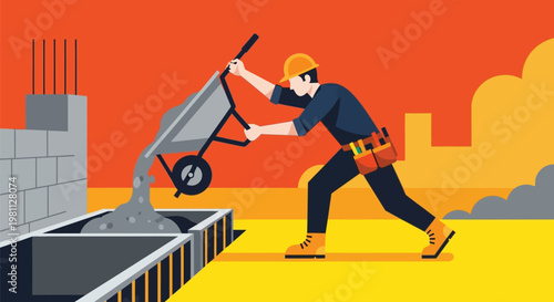 Construction worker pouring concrete from wheelbarrow at building site.