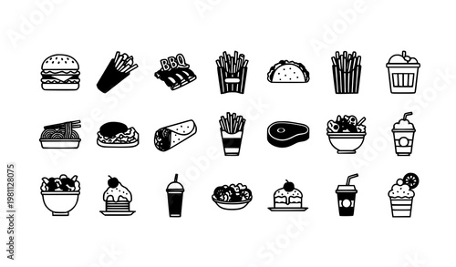 Trendy food outline icons set burger fries taco restaurant menu vector eps10