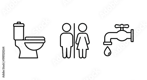 Bathroom icons depicting toilet people and faucet black outline silhouette