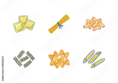 Italian Pasta Varieties and Mediterranean Cooking Ingredients in Colorful Crayony Pencil Texture Style