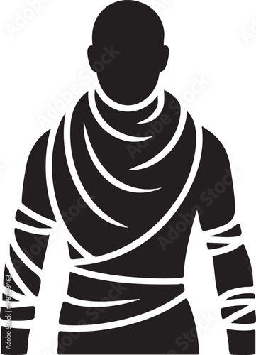 Black silhouette of a wrapped mummy with bandages and crescent moon accent logo, isolated on white background