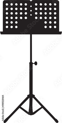 Black silhouette of a music stand with perforated sheet holder and tripod base logo, isolated on white background