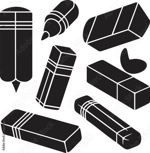 Set of stationery items like erasers and marker pen isolated on checkered background