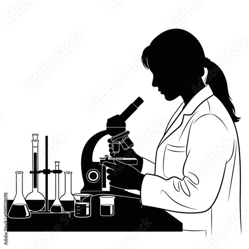 Scientist, Laboratory, Microscope, Research, Biology, Lab Equipment, Black Silhouette isolated on White Background vector eps silhouette