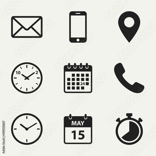 Contact Communication Icon Set Email Phone Location Calendar Clock Vector Icons